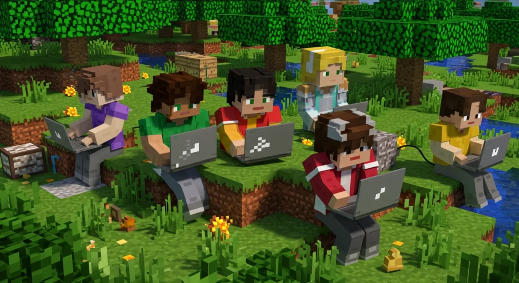 Group of kids coding on laptops in a Minecraft forest setting, learning programming together in nature