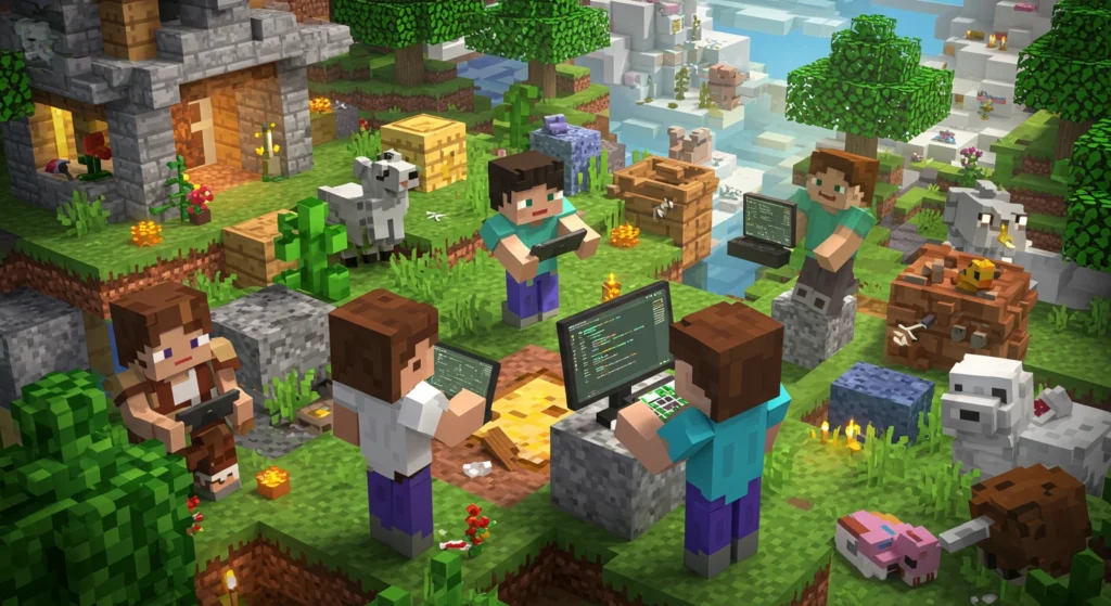 Kids coding in a Minecraft environment surrounded by animals and nature, learning programming on laptops and tablets