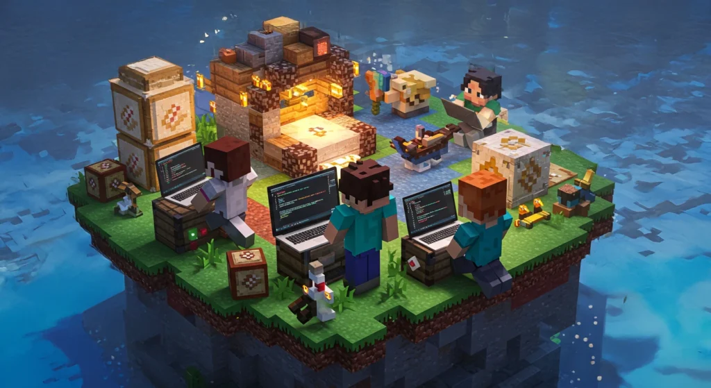 Kids coding on laptops on a floating Minecraft island, learning programming in a creative game-based environment