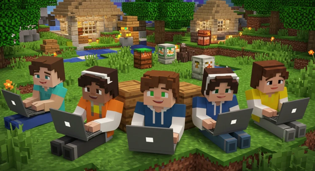 Group of kids learning to code on laptops in a Minecraft-themed world with friendly characters and village background