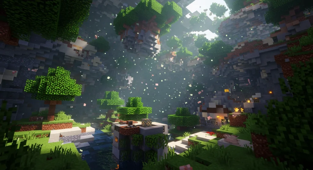 Lush underground biome with floating islands and glowing elements in custom Minecraft server types