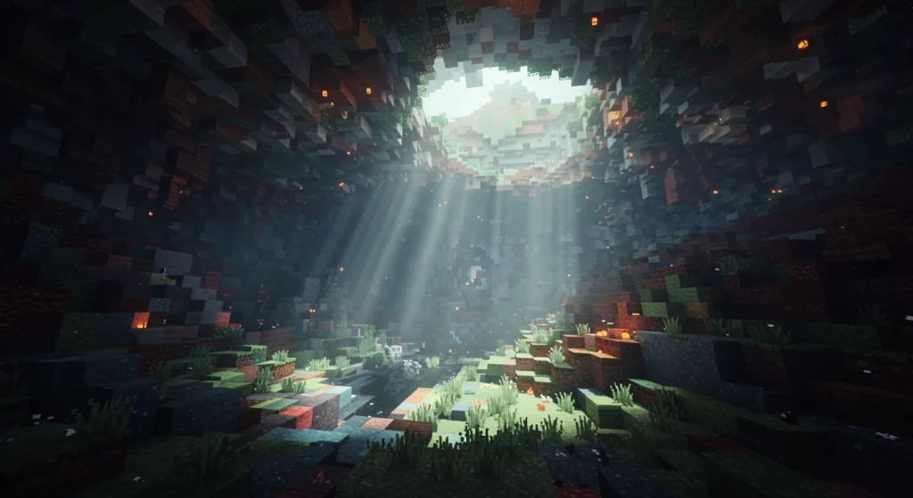 Underground cave biome with natural light rays and vegetation in Minecraft server types