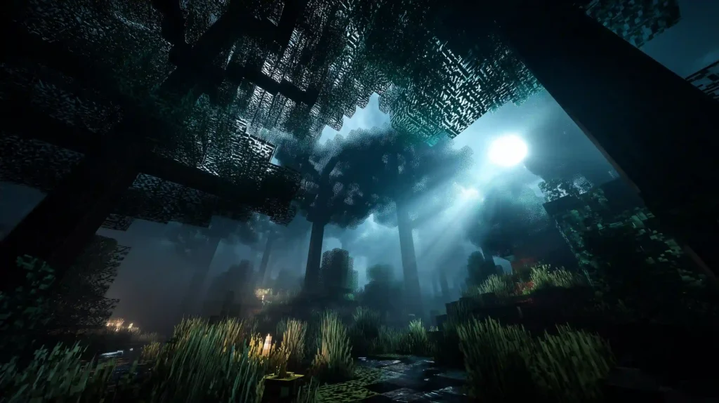 Foggy forest at night with moonlight and shaders in custom Minecraft server types