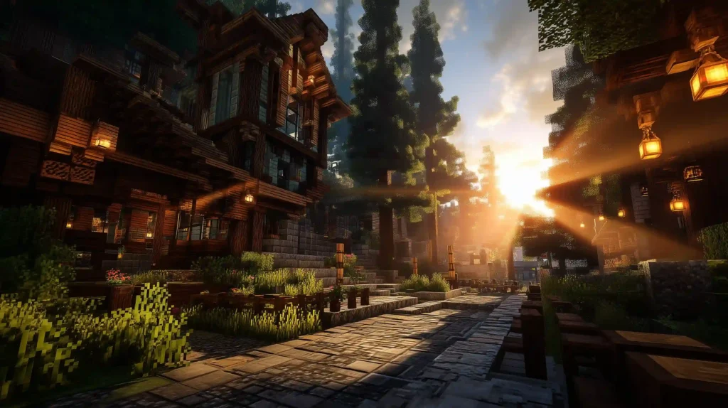 Cozy village street with lanterns and sunset lighting in custom Minecraft server types