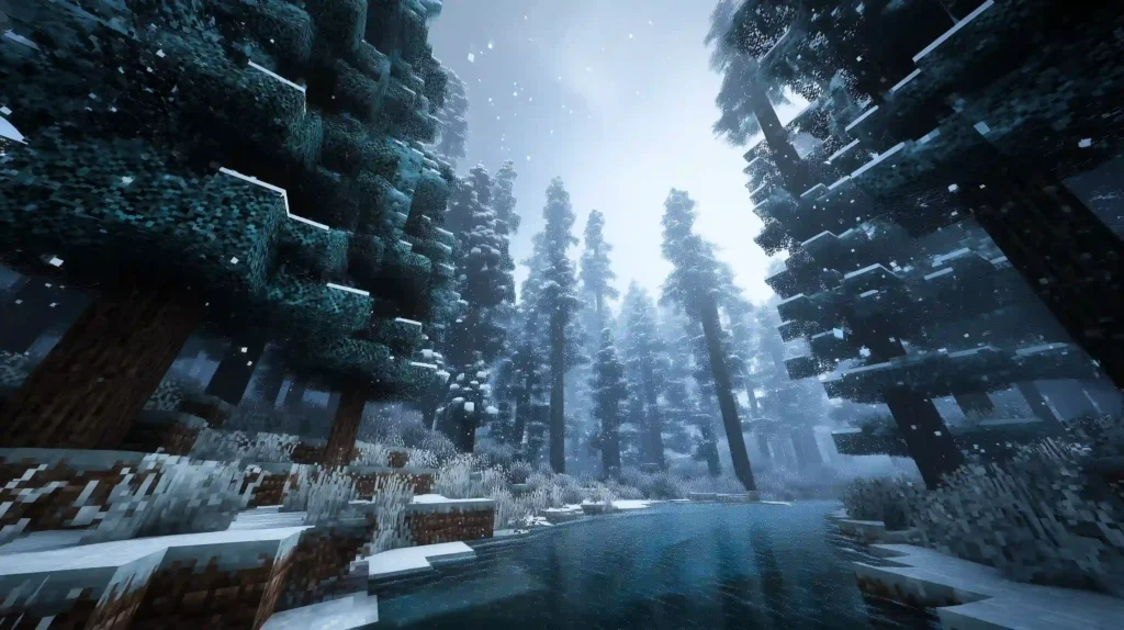 Snow-covered pine forest and frozen lake in immersive Minecraft server types