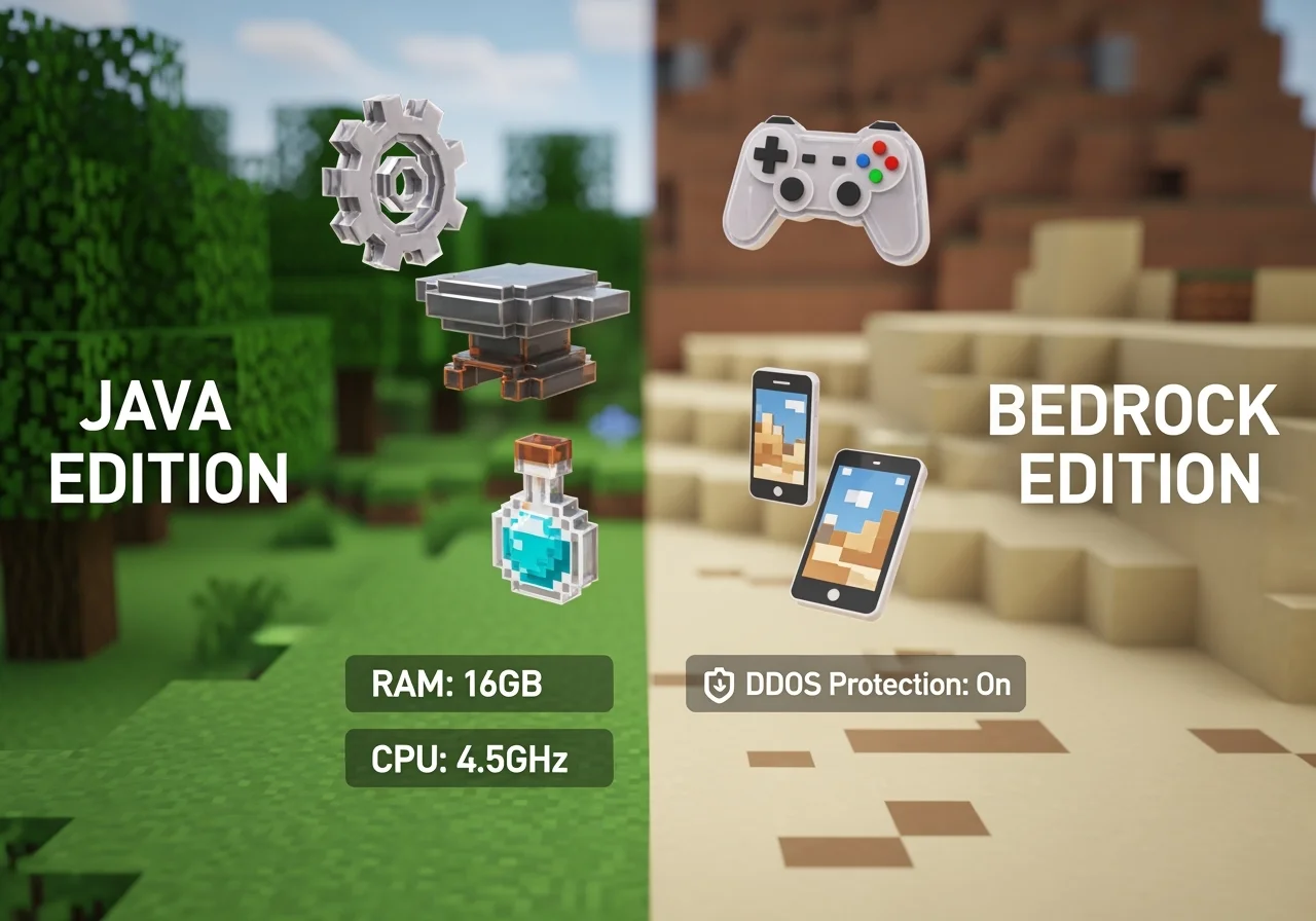 Minecraft server hosting hero banner with Java vs Bedrock, mods, and RAM icons