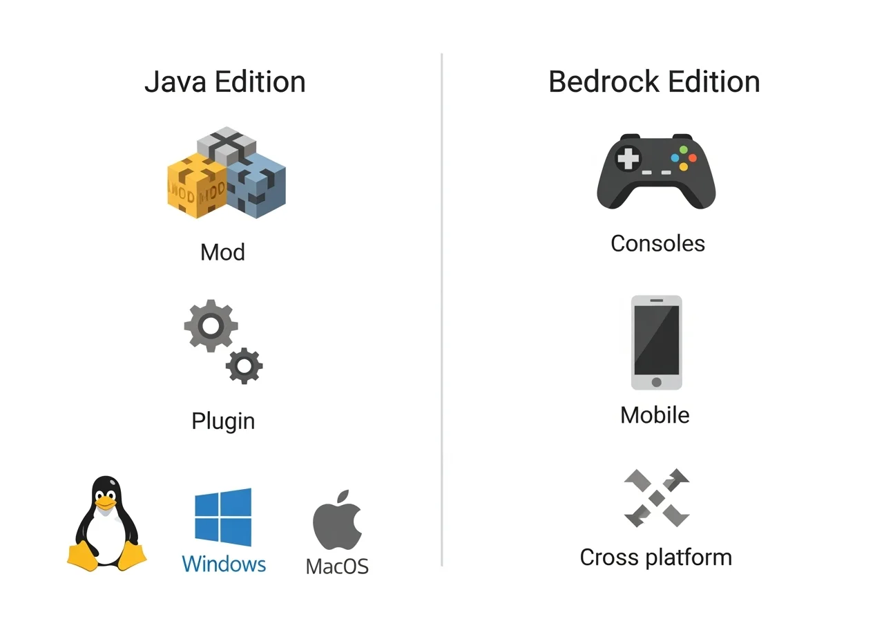 Diagram: Java vs Bedrock server hosting differences