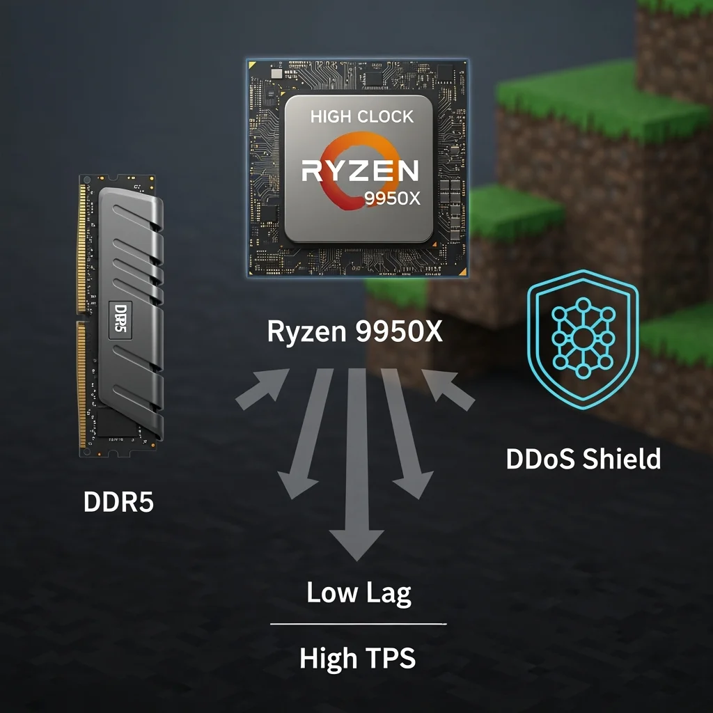 High clock CPU, DDR5 RAM and DDoS protection diagram for Minecraft servers