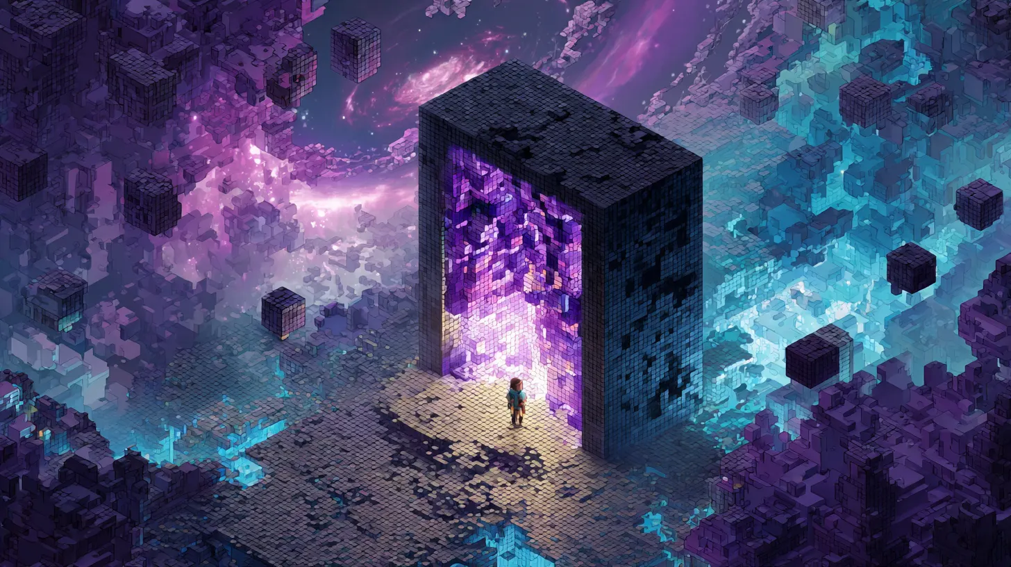 A Minecraft player standing in front of a large, glowing cosmic portal surrounded by floating islands and diamond ore.