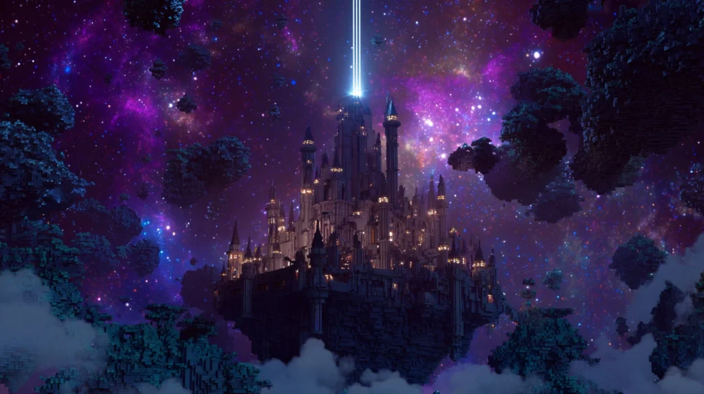 A massive Minecraft castle on a floating island in deep space, illuminated by blue and purple cosmic light.